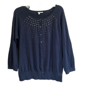 Halogen Navy New 100% Cotton Jeweled 3/4 Sleeve Button Soft Cardigan Sweater